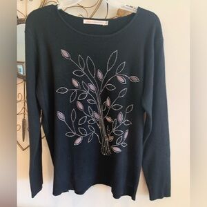 TODAY'S DESIGNER Black Top with Rhinestone Leaf Accent